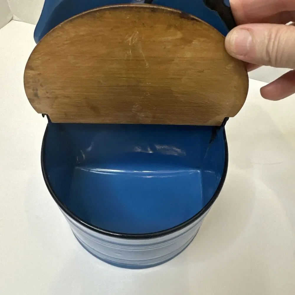 Vtg Polish Enamelware Salt Box Blue Wall Hanging Cellar Wooden Lid Huta Silesia